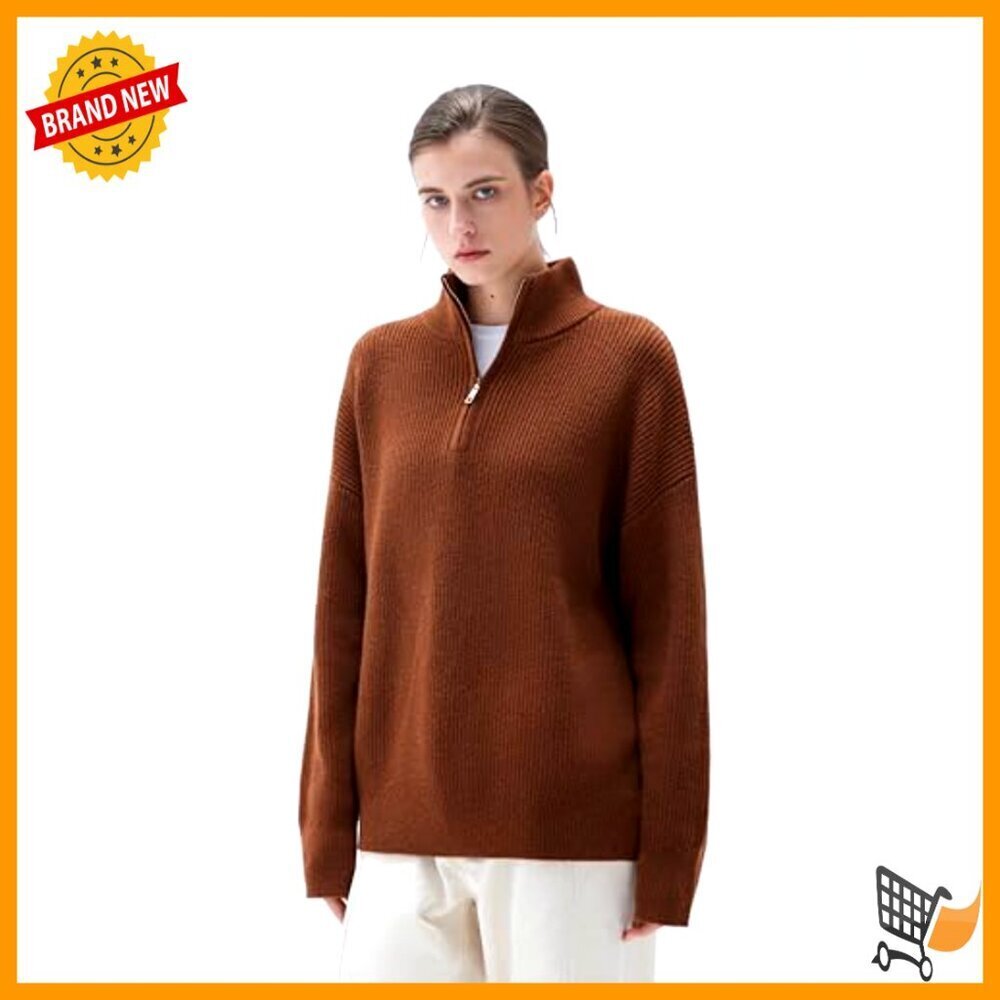 Oversized Cashmere Blend Quarter Zip Pullover Sweater Chunky Knit Cozy Minimal - Picture 5 of 7